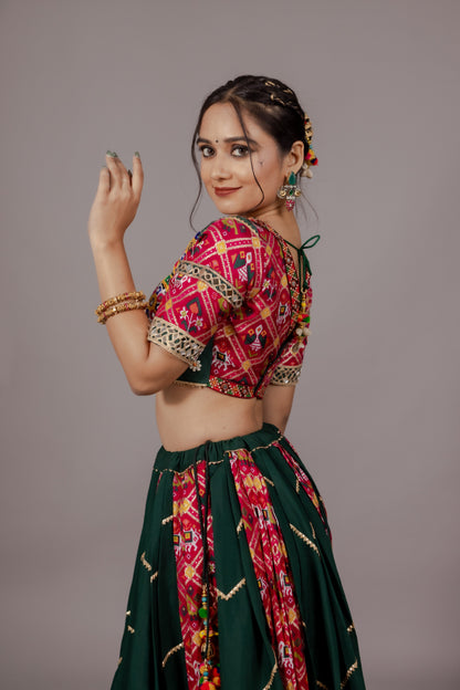 Dark Green Patola Chaniya Choli with Heritage Mirror Work & Mustard Dupatta