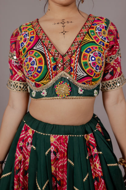 Dark Green Patola Chaniya Choli with Heritage Mirror Work & Mustard Dupatta