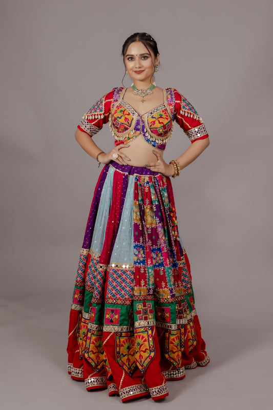 Multicolor Chiffon Chaniya Choli with Toran Border, Kachhi Work Blouse & Abhla Dupatta