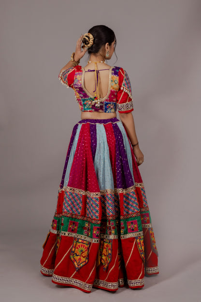 Multicolor Chiffon Chaniya Choli with Toran Border, Kachhi Work Blouse & Abhla Dupatta