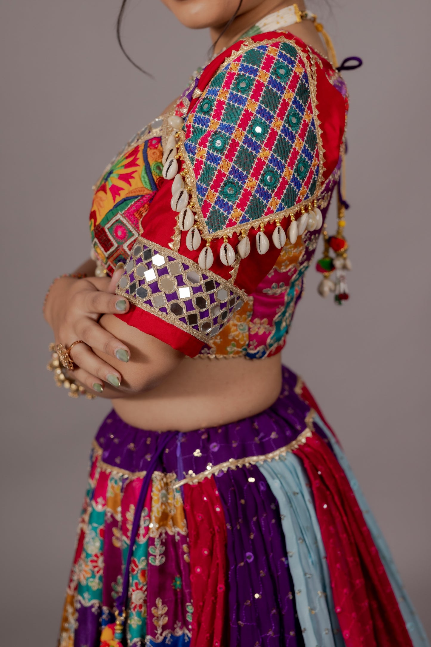 Multicolor Chiffon Chaniya Choli with Toran Border, Kachhi Work Blouse & Abhla Dupatta