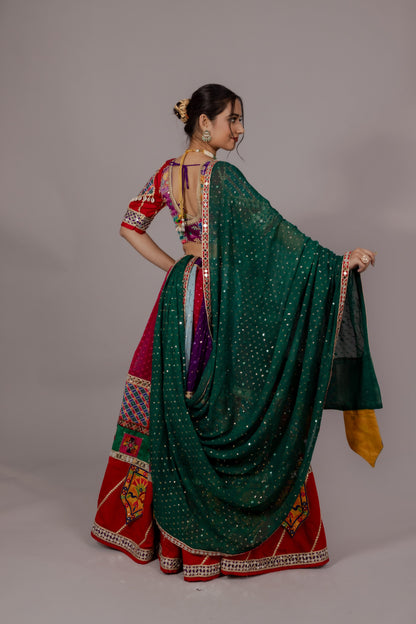 Multicolor Chiffon Chaniya Choli with Toran Border, Kachhi Work Blouse & Abhla Dupatta