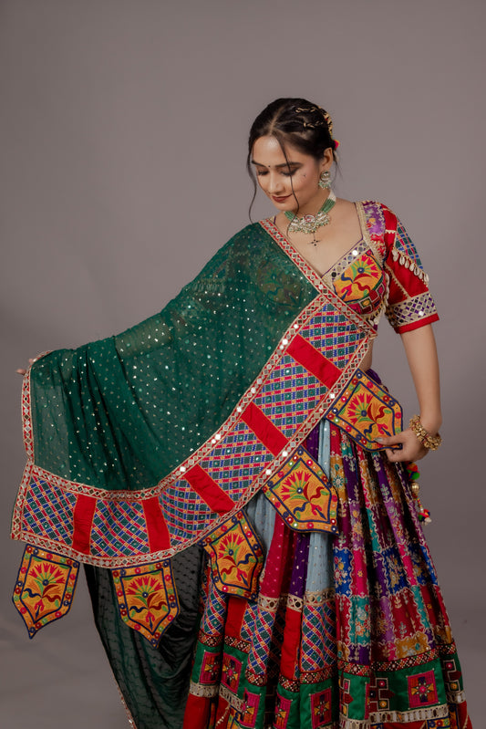 Multicolor Chiffon Chaniya Choli with Toran Border, Kachhi Work Blouse & Abhla Dupatta