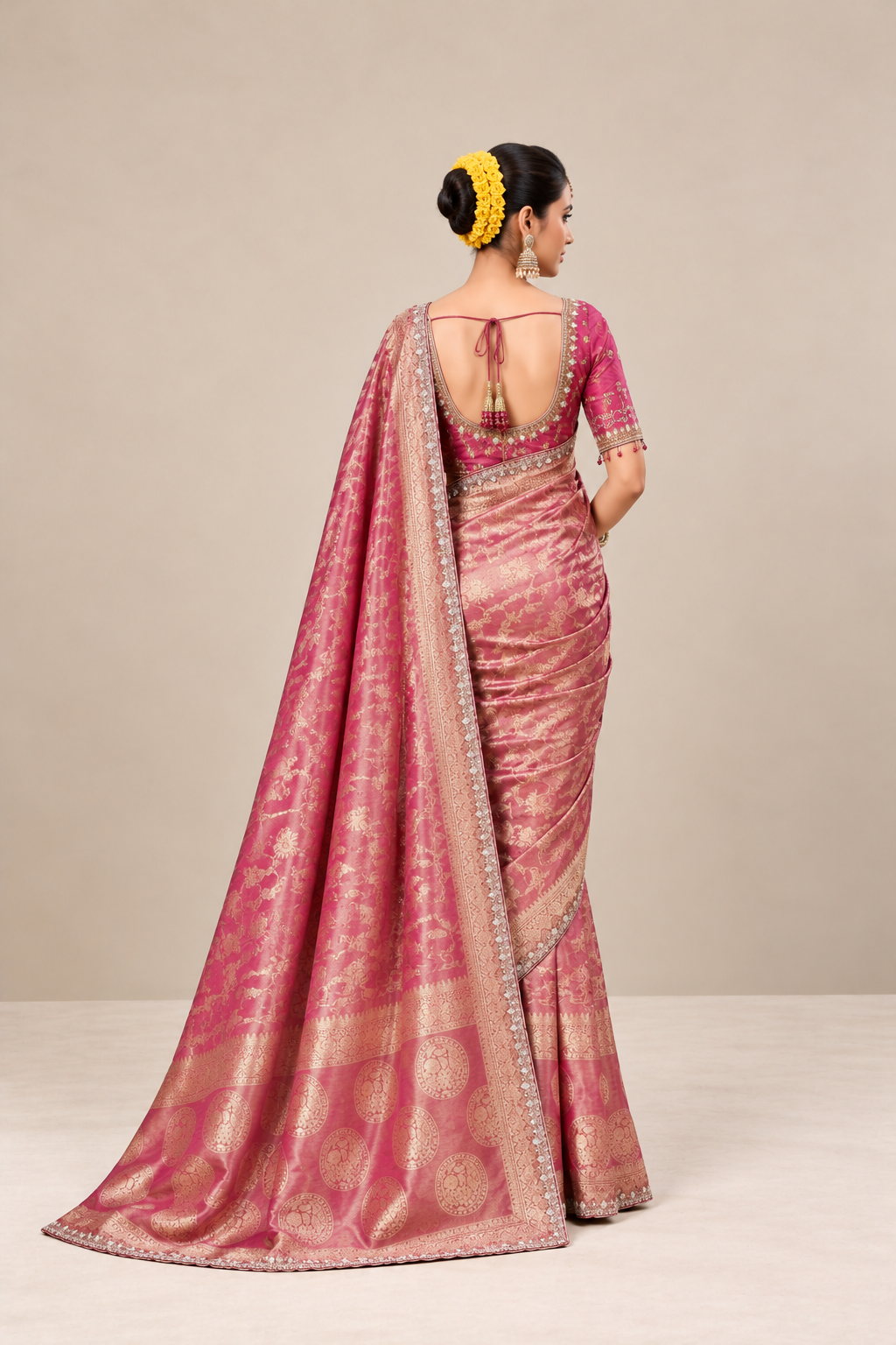 Rani Pink Floral Woven Silk Saree with Gold Zari Border