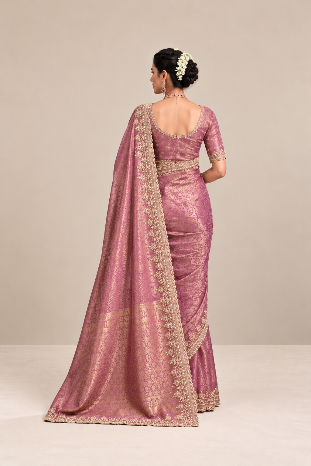 Mauve Purple Floral Woven Silk Saree with Embellished Zari Border