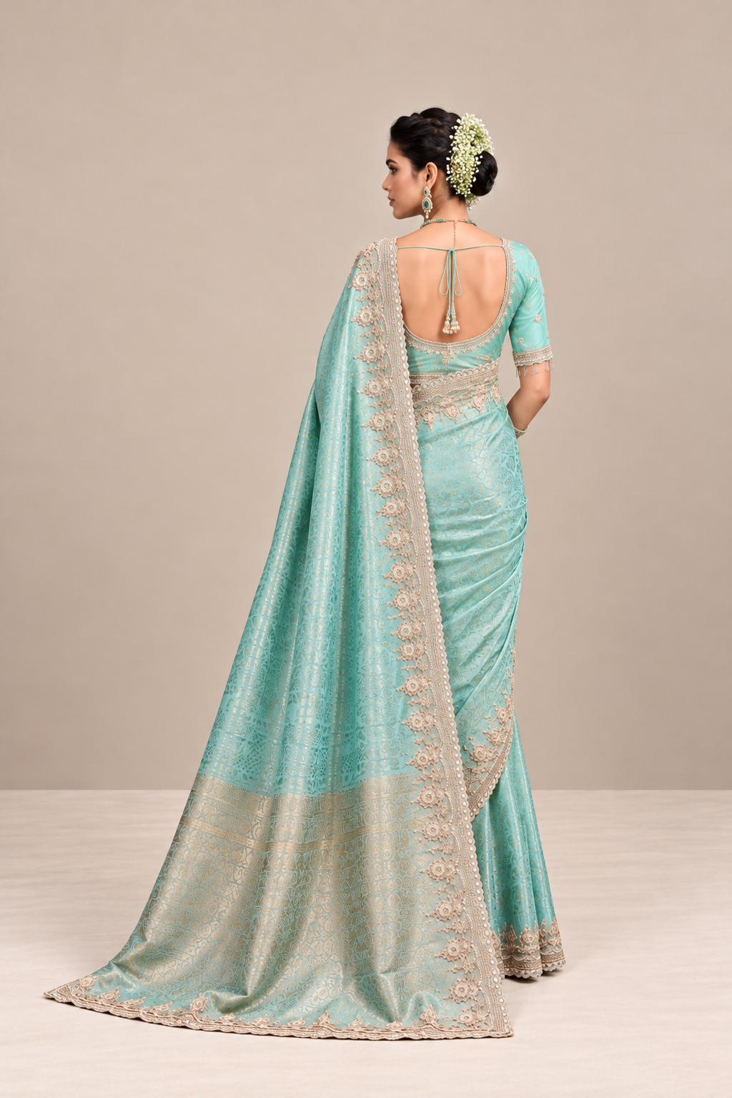Pastel Mint Blue Floral Woven Silk Saree with Embellished Zari Border