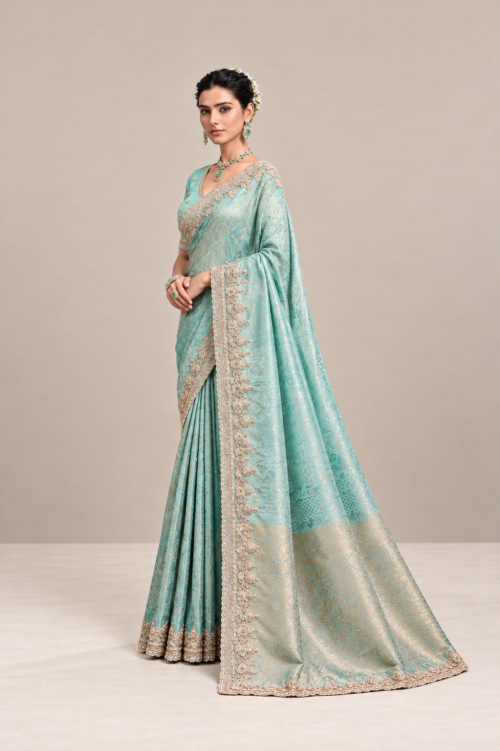 Pastel Mint Blue Floral Woven Silk Saree with Embellished Zari Border