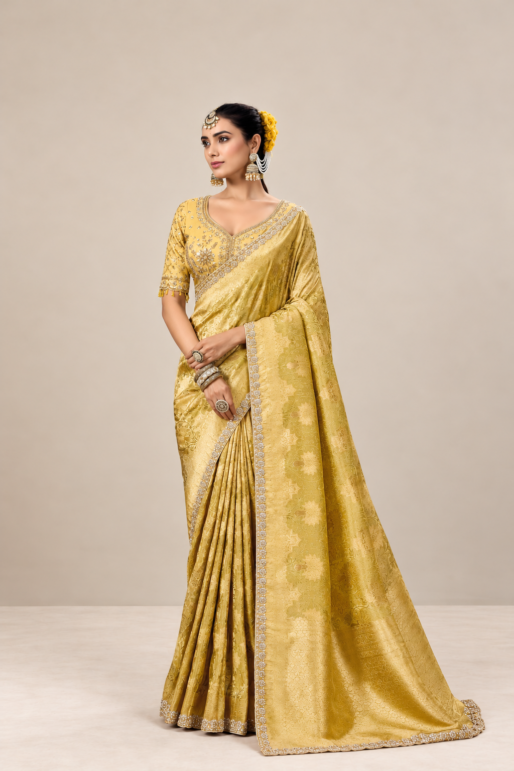 Golden Mustard Floral Woven Silk Saree with Embellished Border