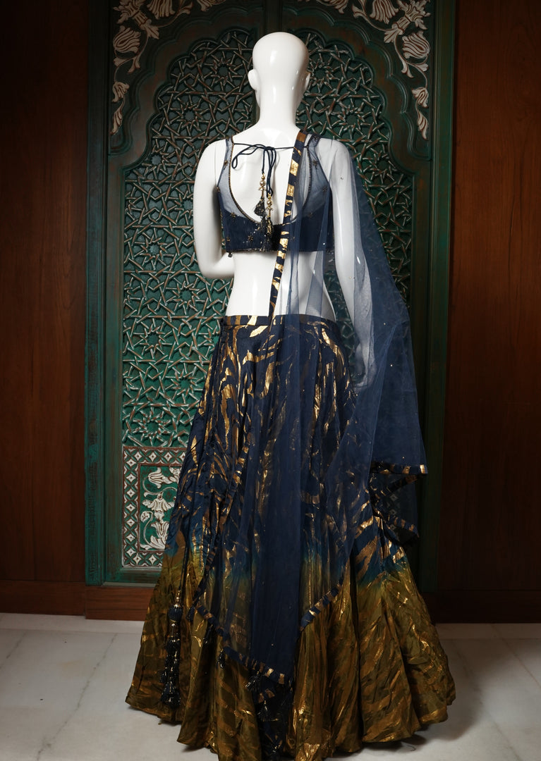 Navy Blue and Gold Zari Work Lehenga Choli