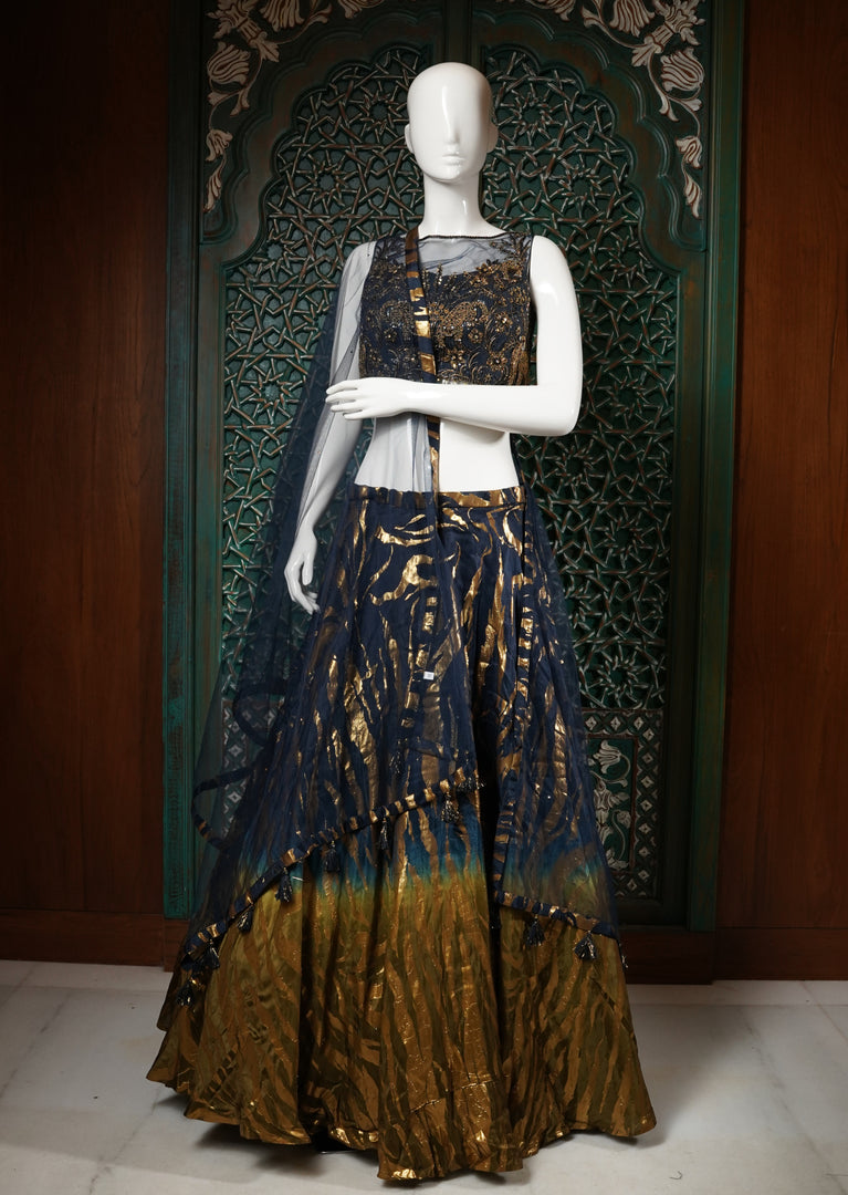 Navy Blue and Gold Zari Work Lehenga Choli