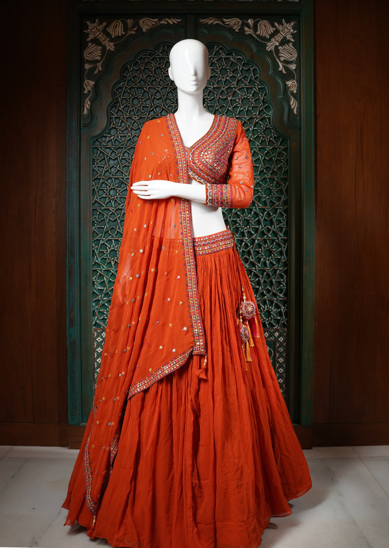 Orange Bandhani Lehenga Choli Set