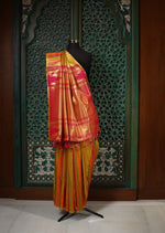 Load image into Gallery viewer, Orange and Pink Kanjeevaram Silk Saree with Golden Zari Stripes
