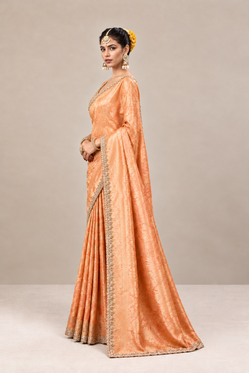 Peach Copper Woven Silk Saree with Intricate Zari Border