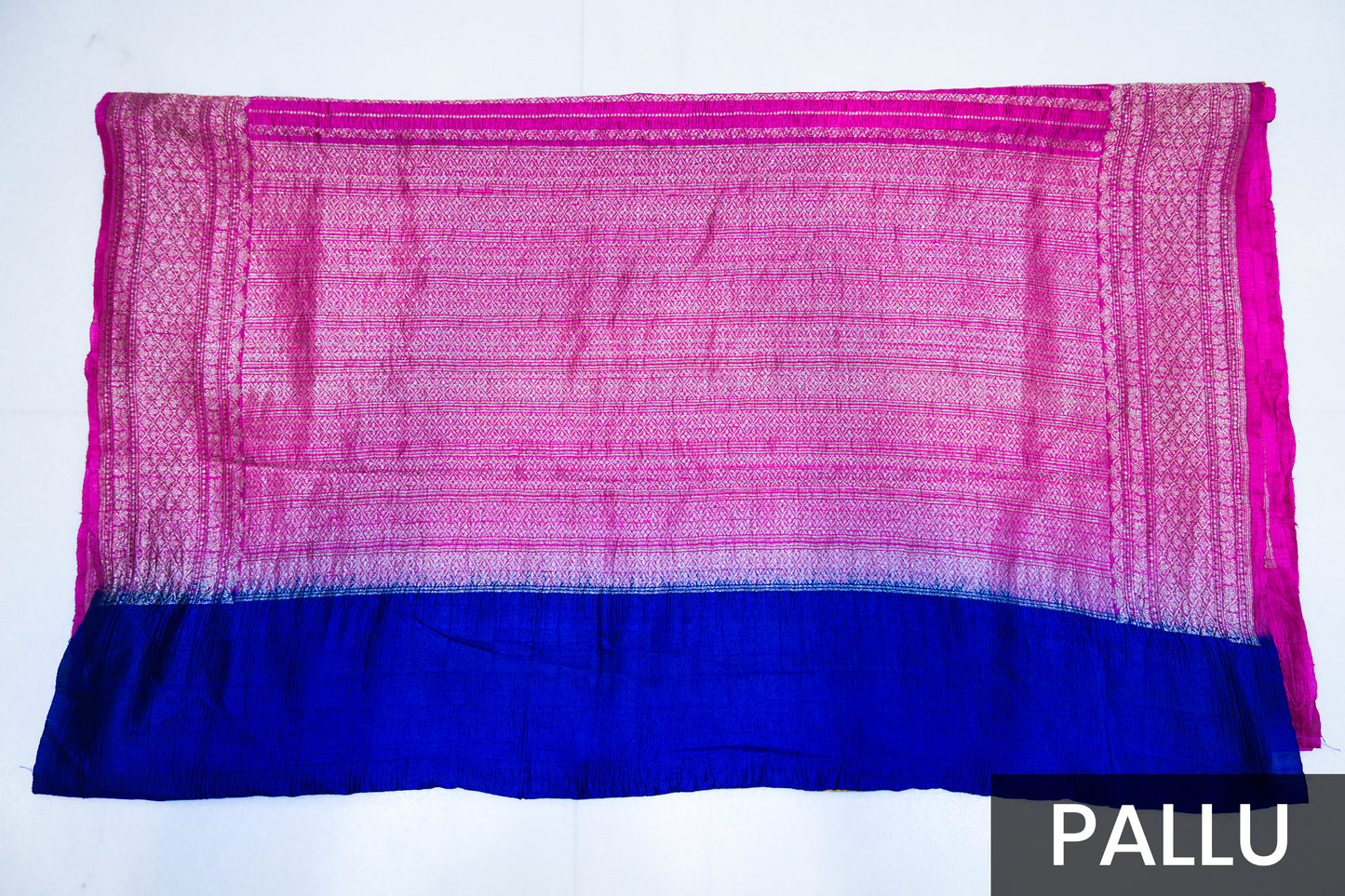 Pink Banarasi Raw Silk Saree with Golden Zari Work and Contrasting Blue-Yellow Border