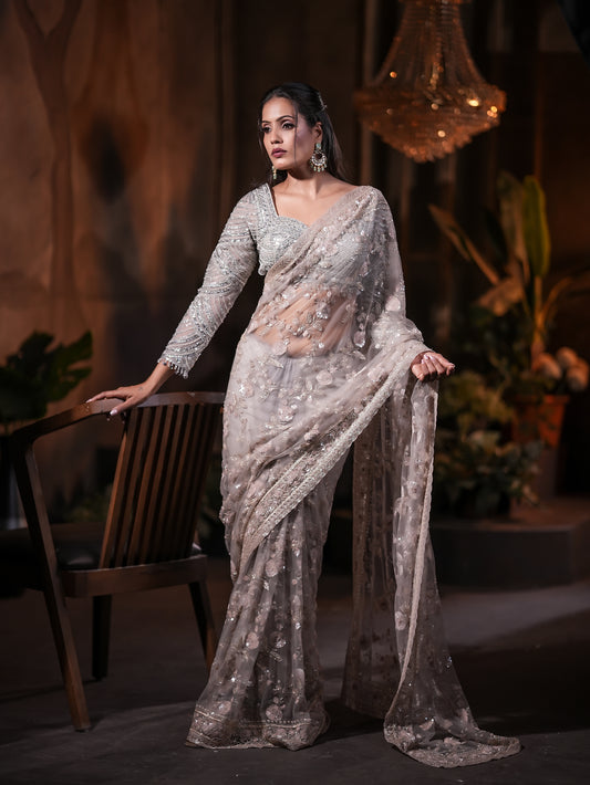 Silver Tissue Organza Saree with Jardosi & Kardana Work