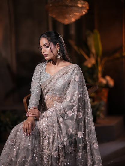 Silver Tissue Organza Saree with Jardosi & Kardana Work