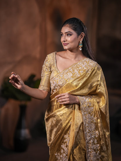Golden Kanjivaram Silk Saree with Heritage Jardosi & Kardana Work