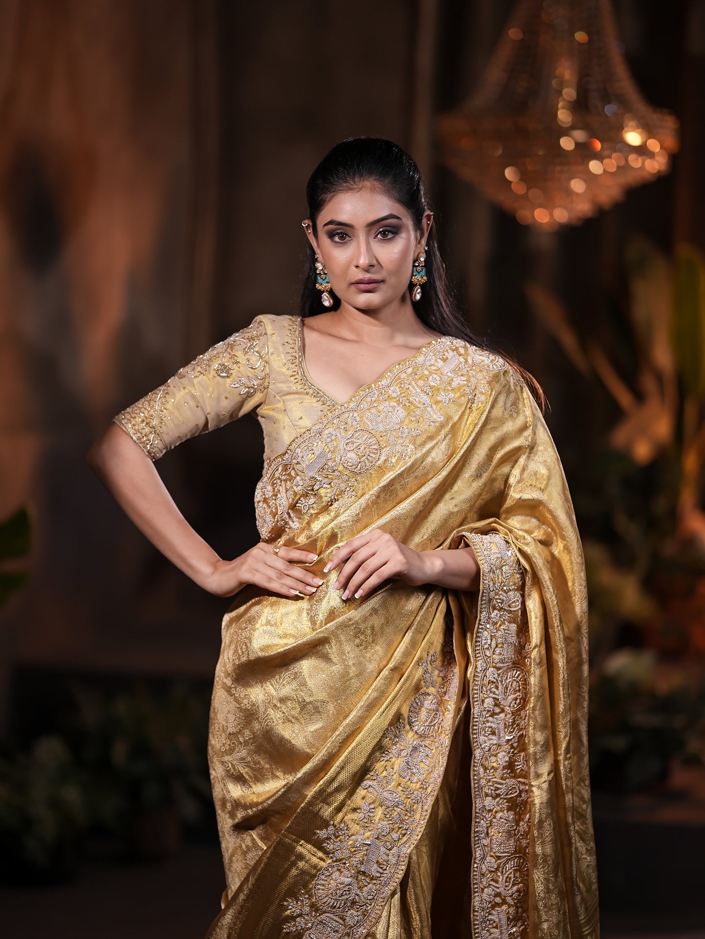 Golden Kanjivaram Silk Saree with Heritage Jardosi & Kardana Work