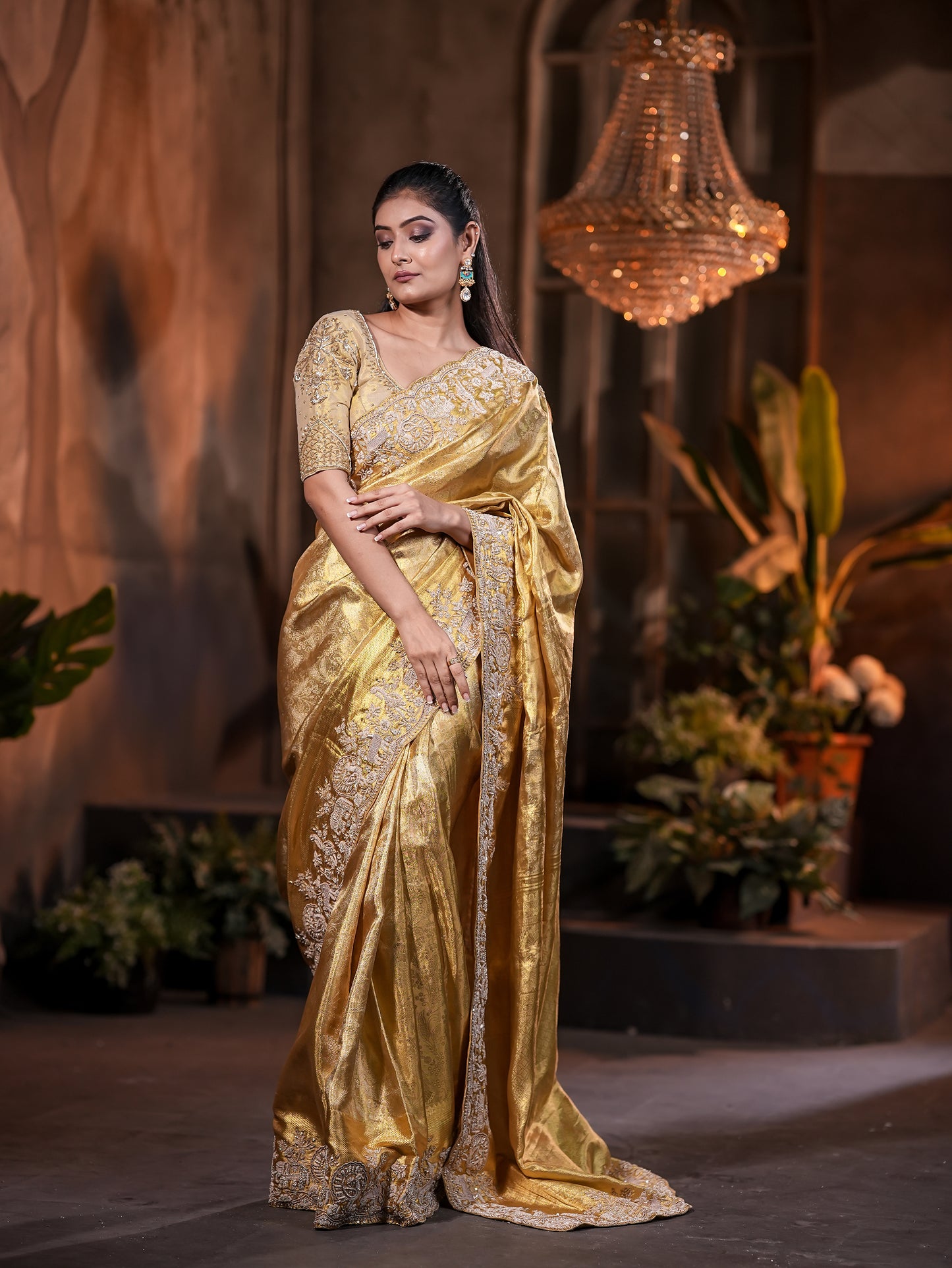 Golden Kanjivaram Silk Saree with Heritage Jardosi & Kardana Work