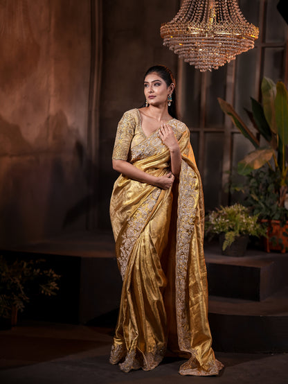 Golden Kanjivaram Silk Saree with Heritage Jardosi & Kardana Work