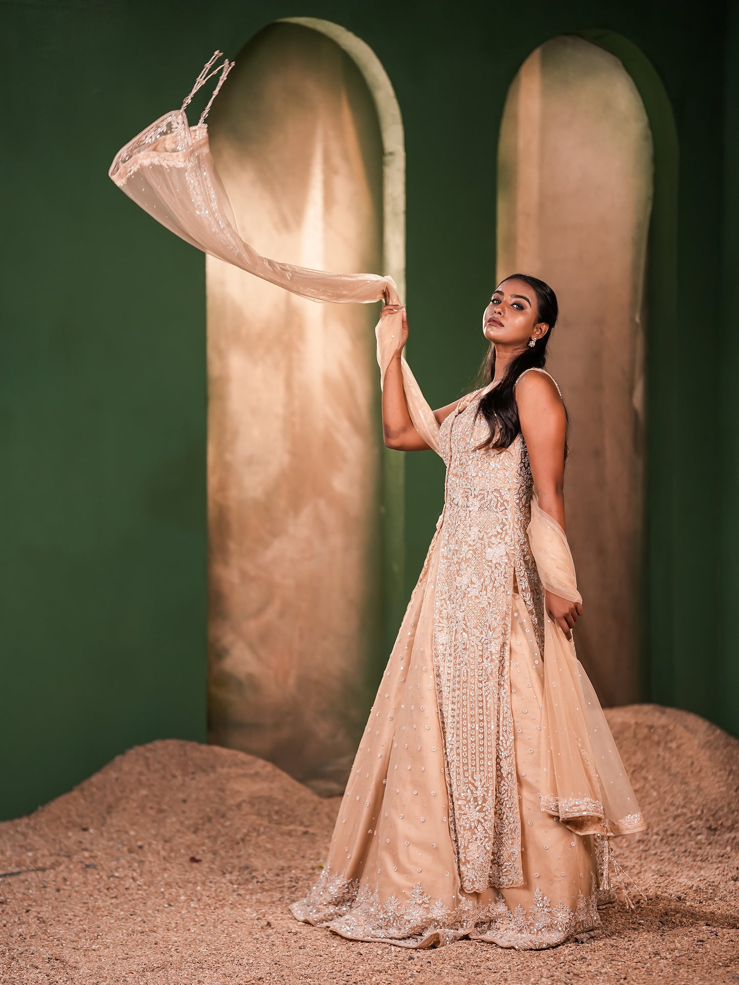 Graceful Organza Silk Gown with Sequin Embellishments & Dupatta