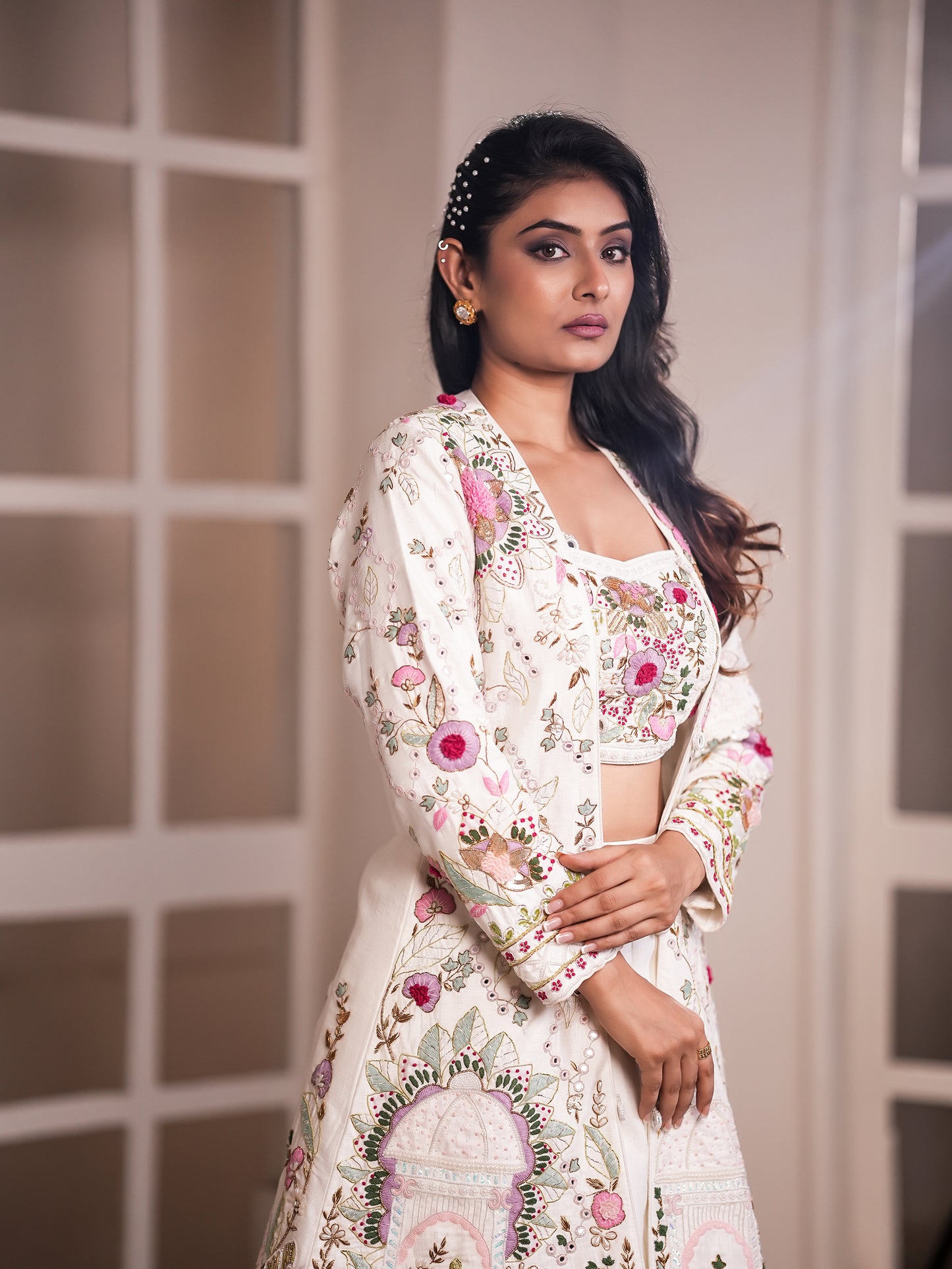 White Raw Silk Lehenga with Thread & Antik Work Jacket