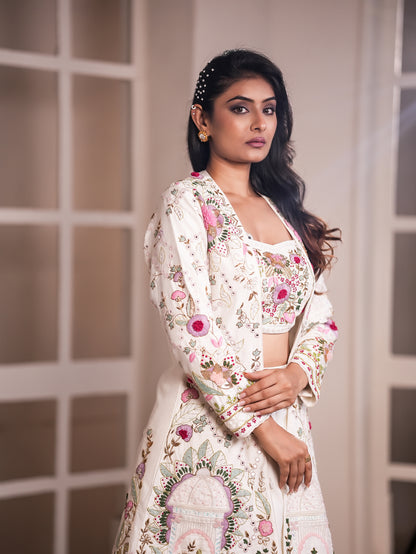 White Raw Silk Lehenga with Thread & Antik Work Jacket