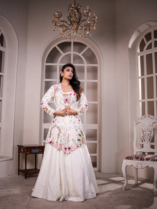 White Raw Silk Lehenga with Thread & Antik Work Jacket