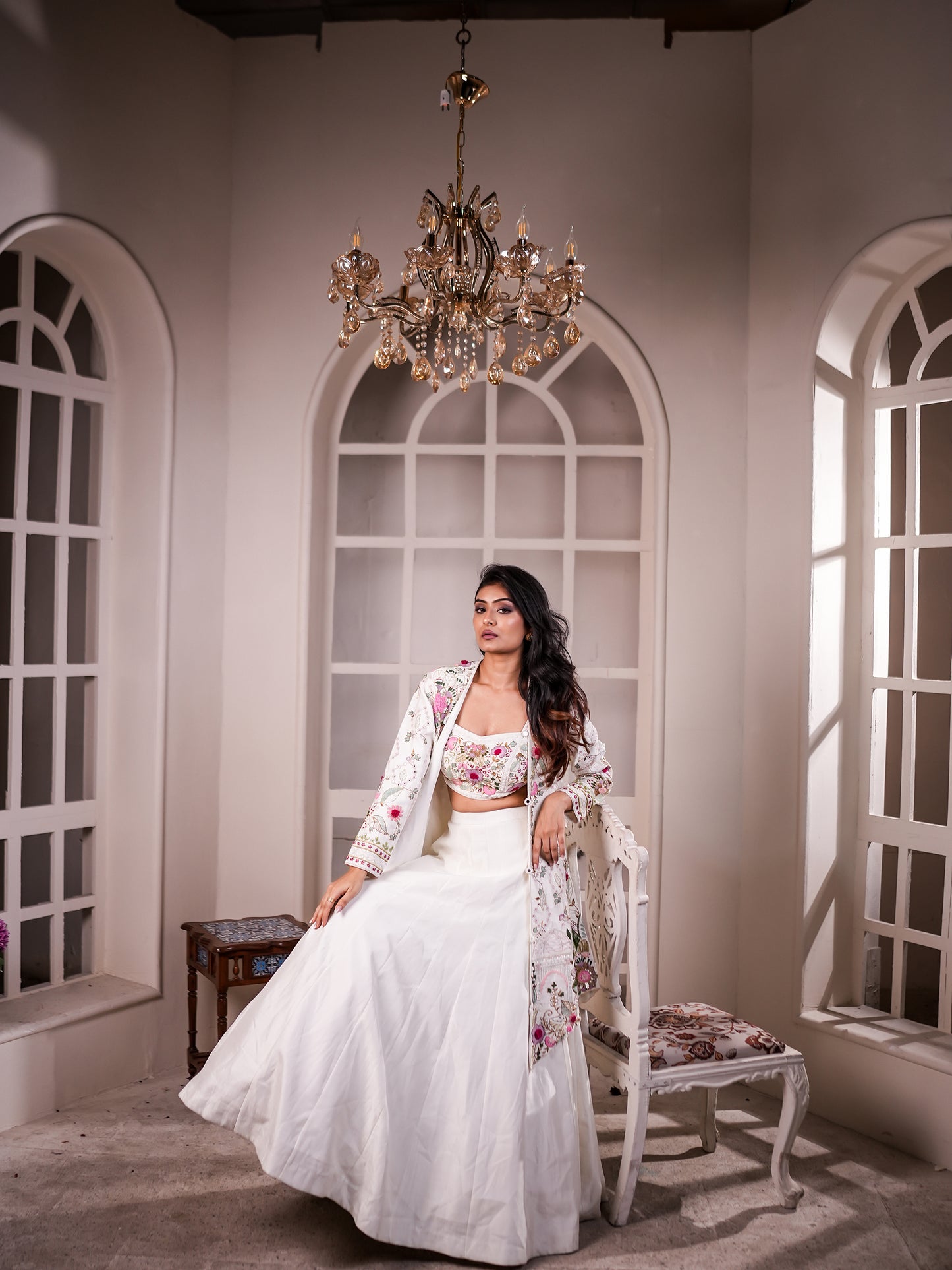 White Raw Silk Lehenga with Thread & Antik Work Jacket