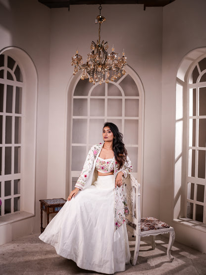 White Raw Silk Lehenga with Thread & Antik Work Jacket