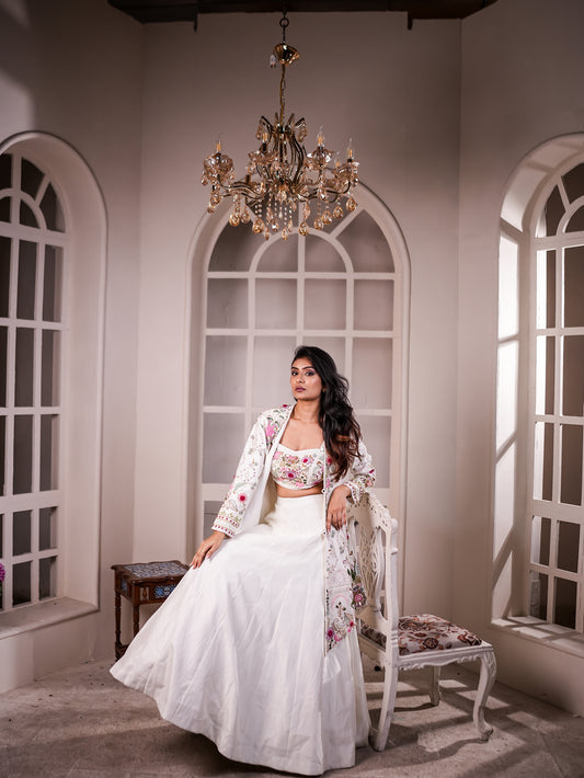White Raw Silk Lehenga with Thread & Antik Work Jacket