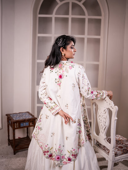 White Raw Silk Lehenga with Thread & Antik Work Jacket