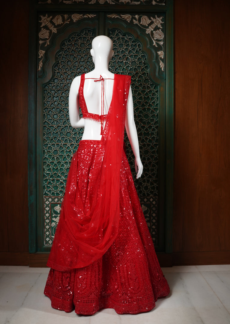 Red Sequined Bridal Lehenga Choli Set