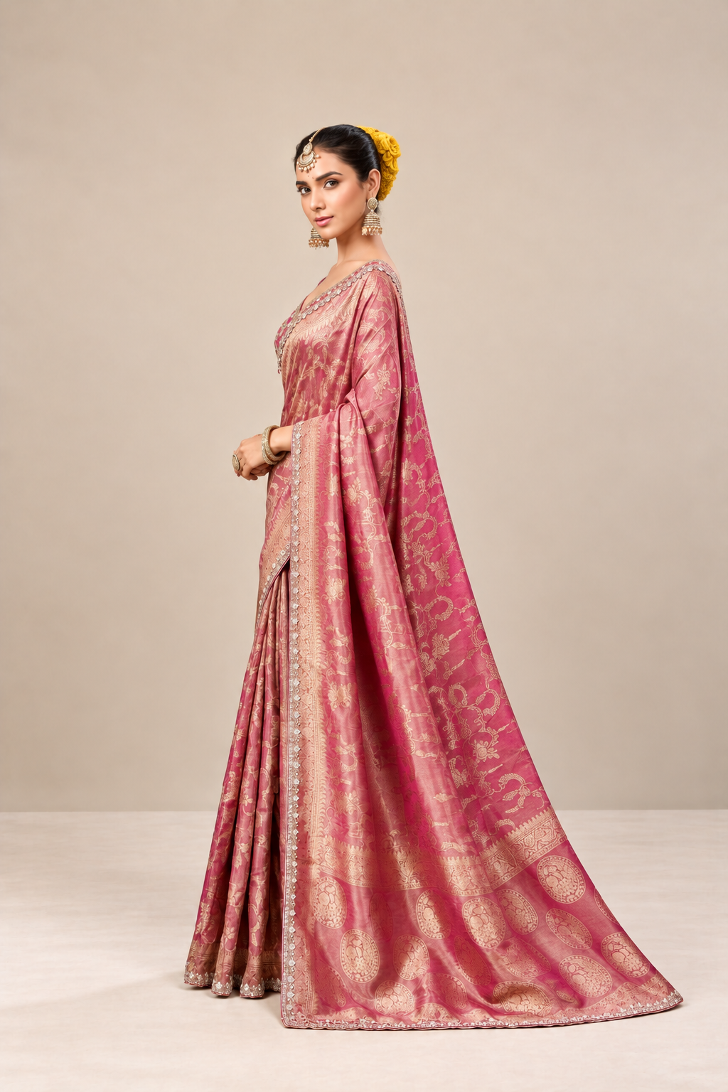 Rani Pink Floral Woven Silk Saree with Gold Zari Border