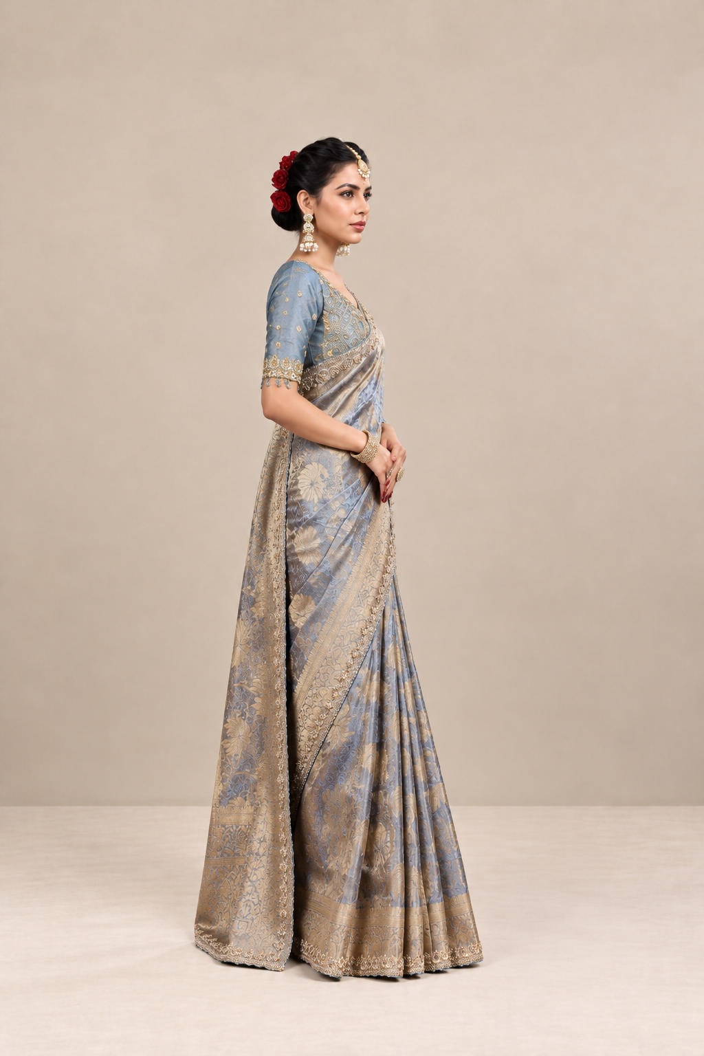 Powder Blue Silk Saree with Golden Floral Weaves & Embellished Border