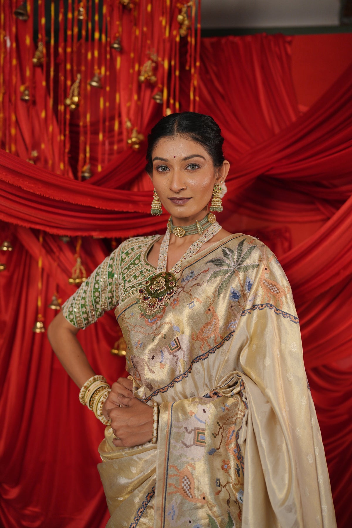 Champagne Gold Floral Printed Saree with Decorative Tassel Border