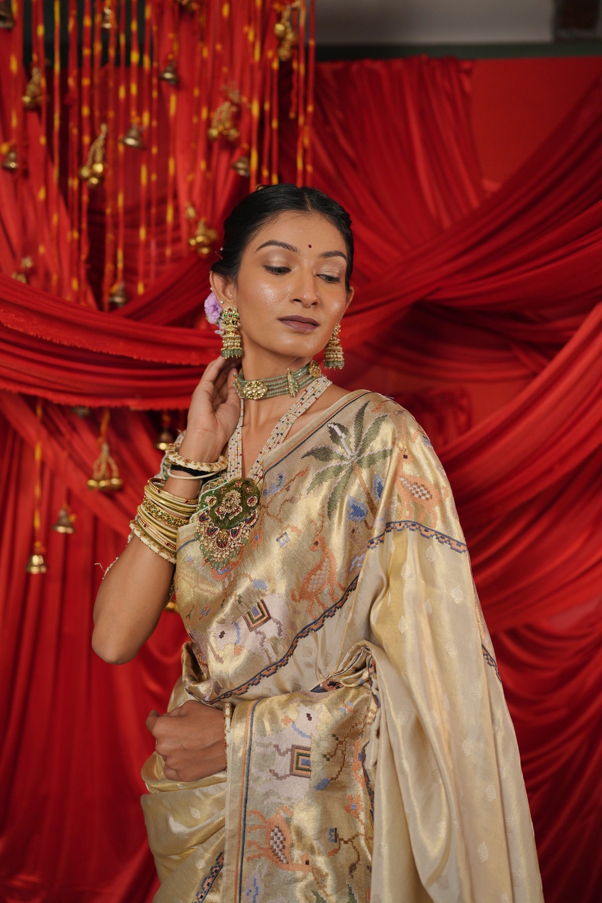 Champagne Gold Floral Printed Saree with Decorative Tassel Border