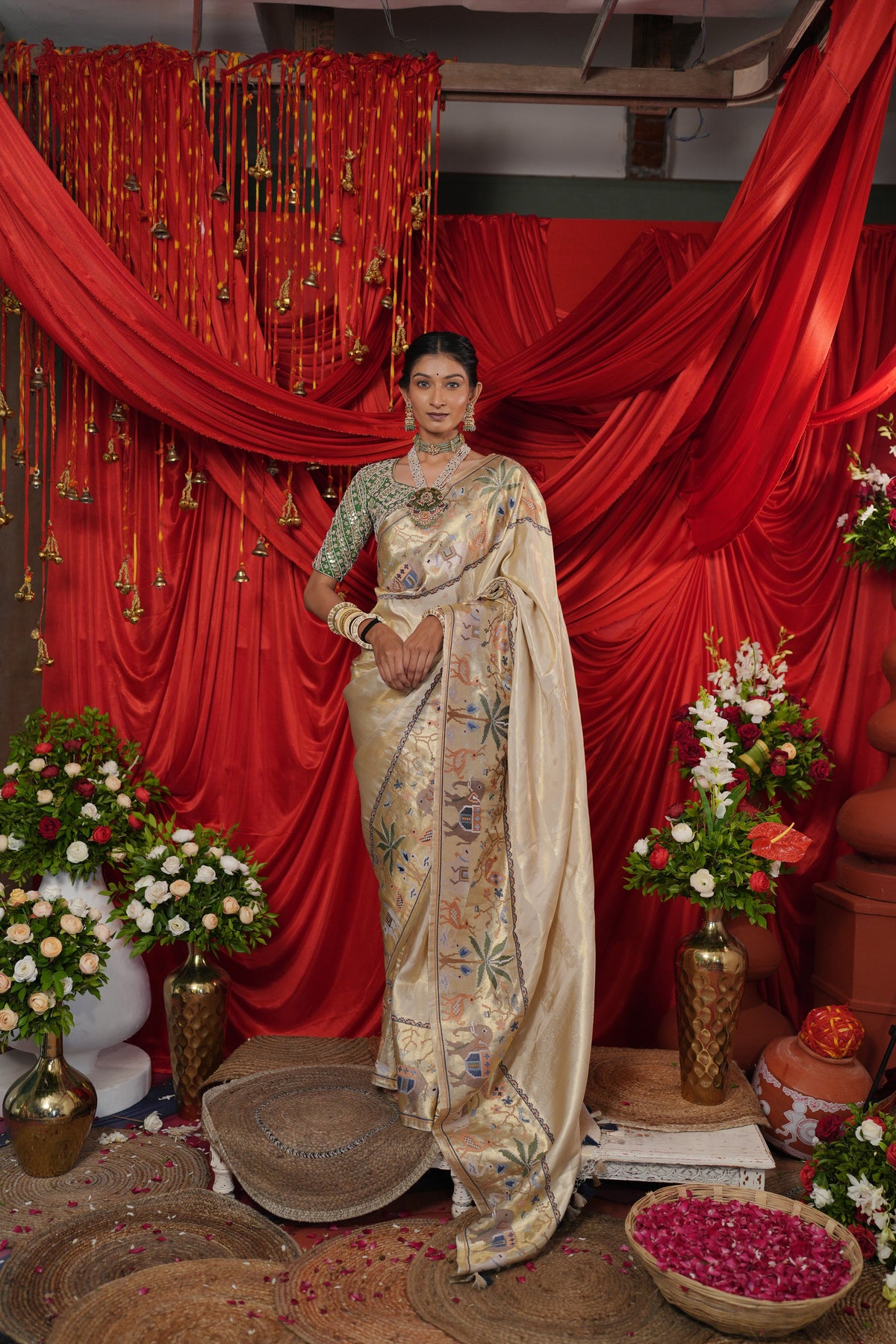 Champagne Gold Floral Printed Saree with Decorative Tassel Border