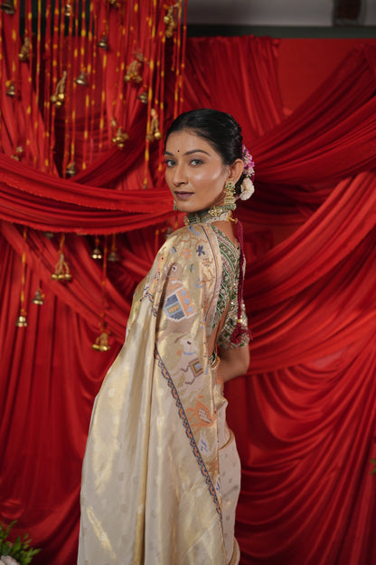 Champagne Gold Floral Printed Saree with Decorative Tassel Border