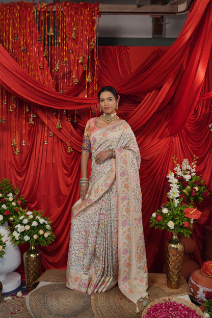 Ivory Gold Floral Woven Saree with Pastel Pink Border