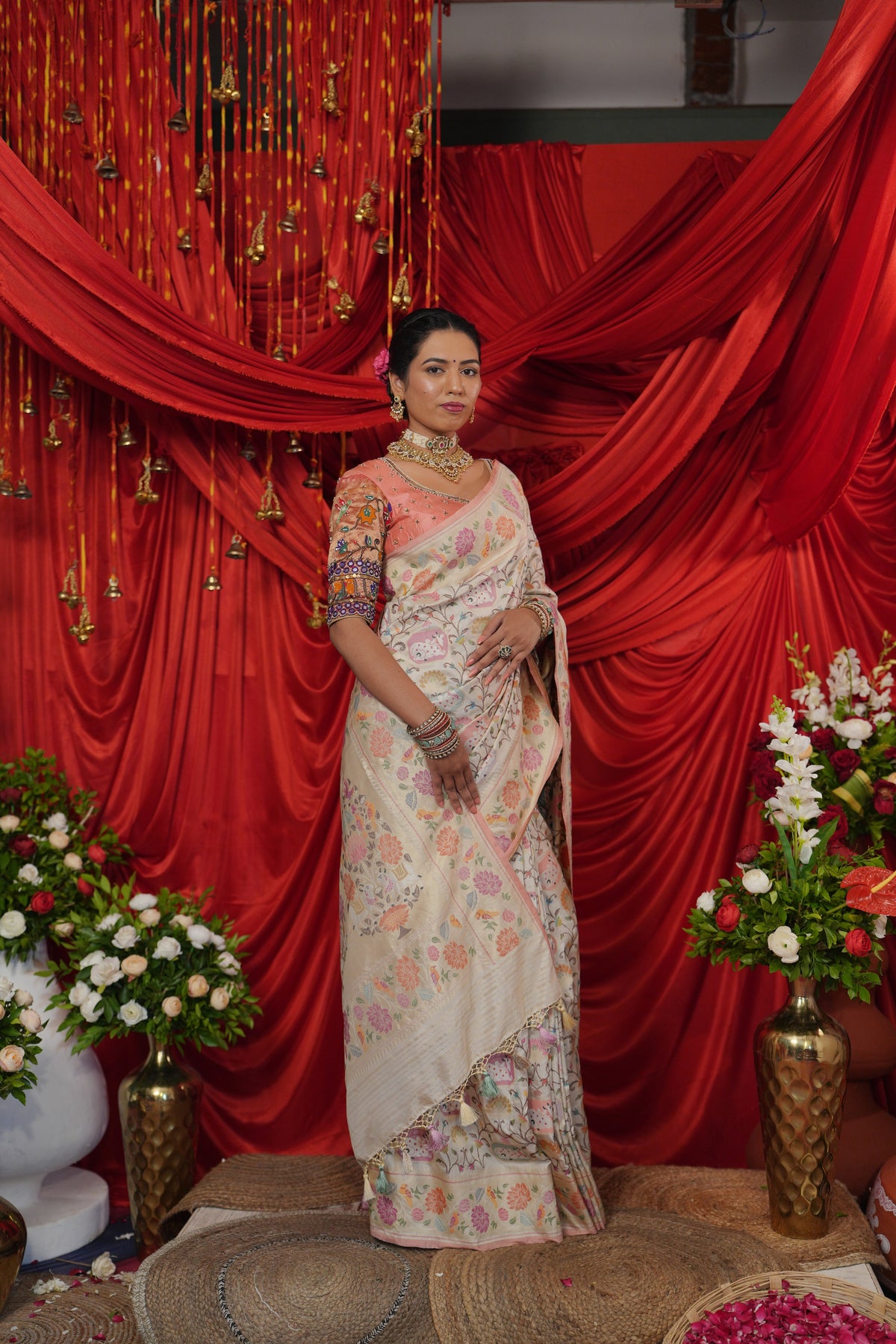 Ivory Gold Floral Woven Saree with Pastel Pink Border