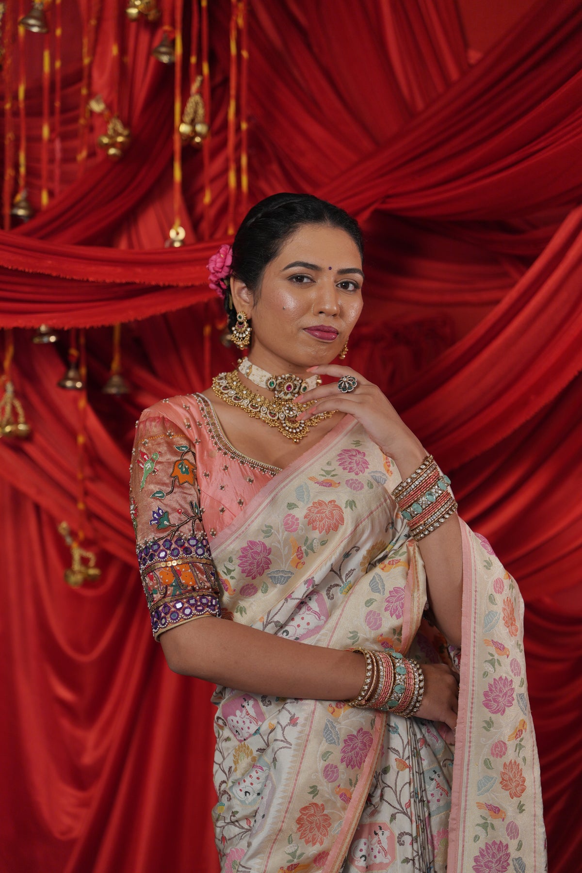 Ivory Gold Floral Woven Saree with Pastel Pink Border