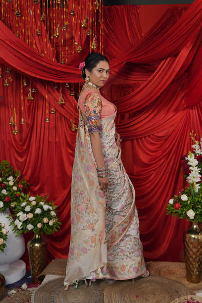 Ivory Gold Floral Woven Saree with Pastel Pink Border