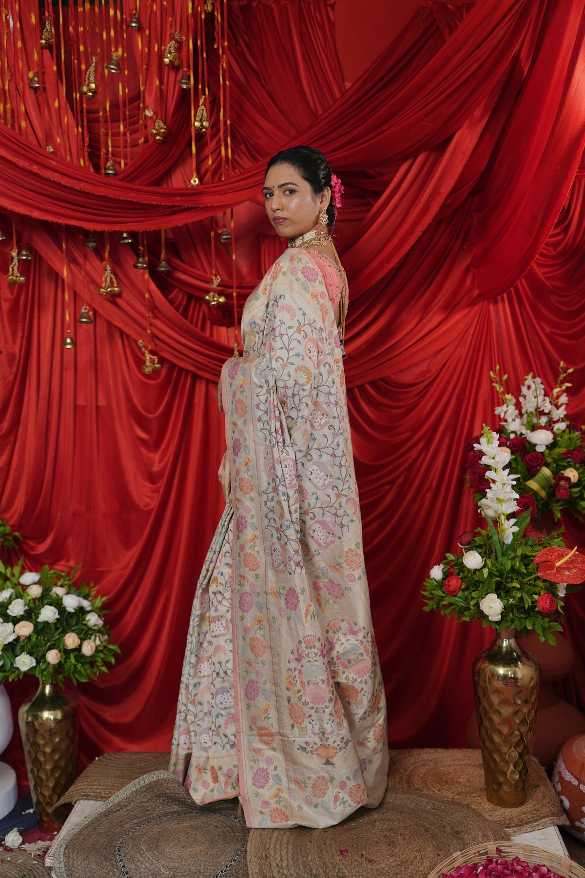 Ivory Gold Floral Woven Saree with Pastel Pink Border