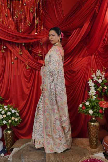 Ivory Gold Floral Woven Saree with Pastel Pink Border