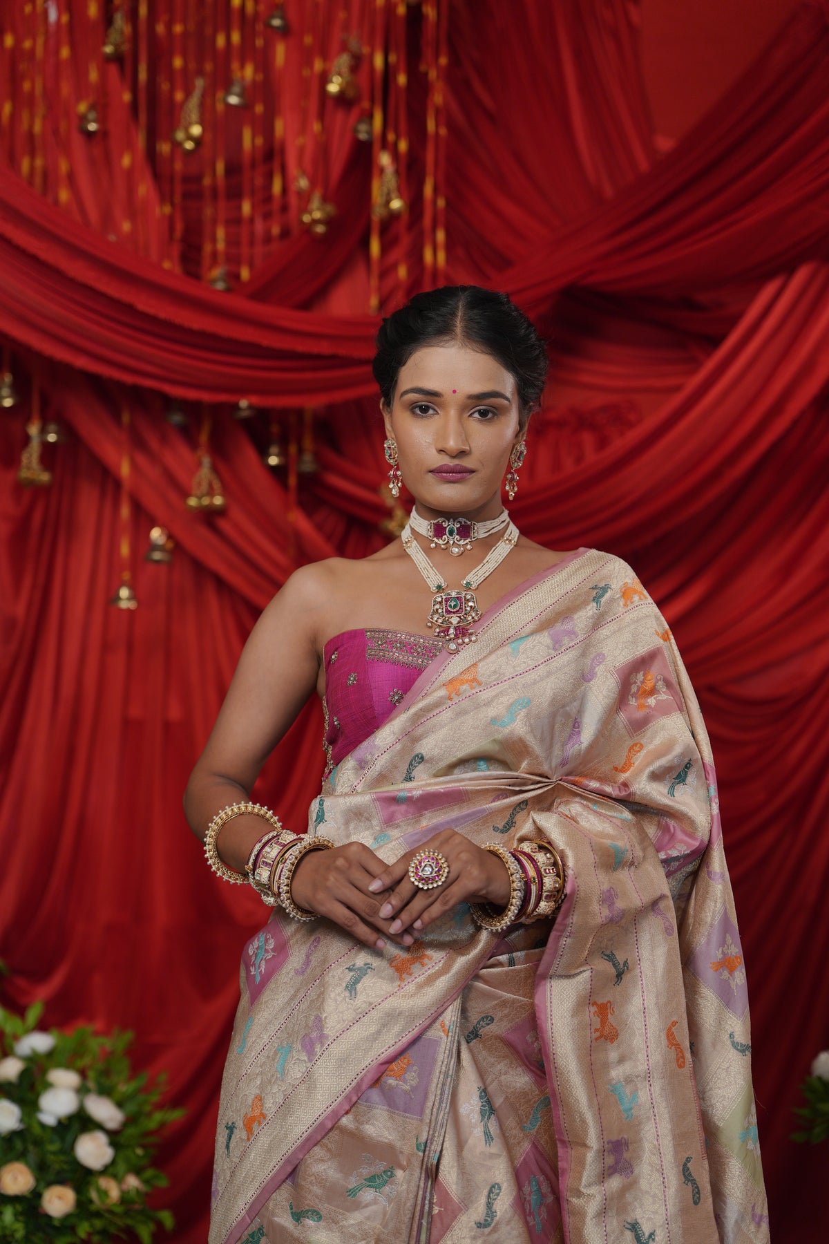 Champagne Gold Banarasi Silk Saree with Multicolour Woven Motifs