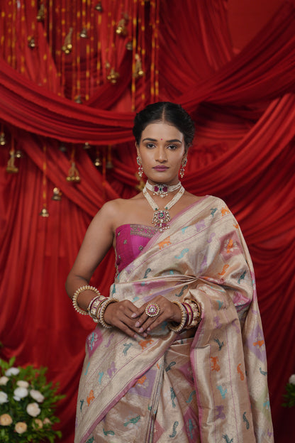 Champagne Gold Banarasi Silk Saree with Multicolour Woven Motifs