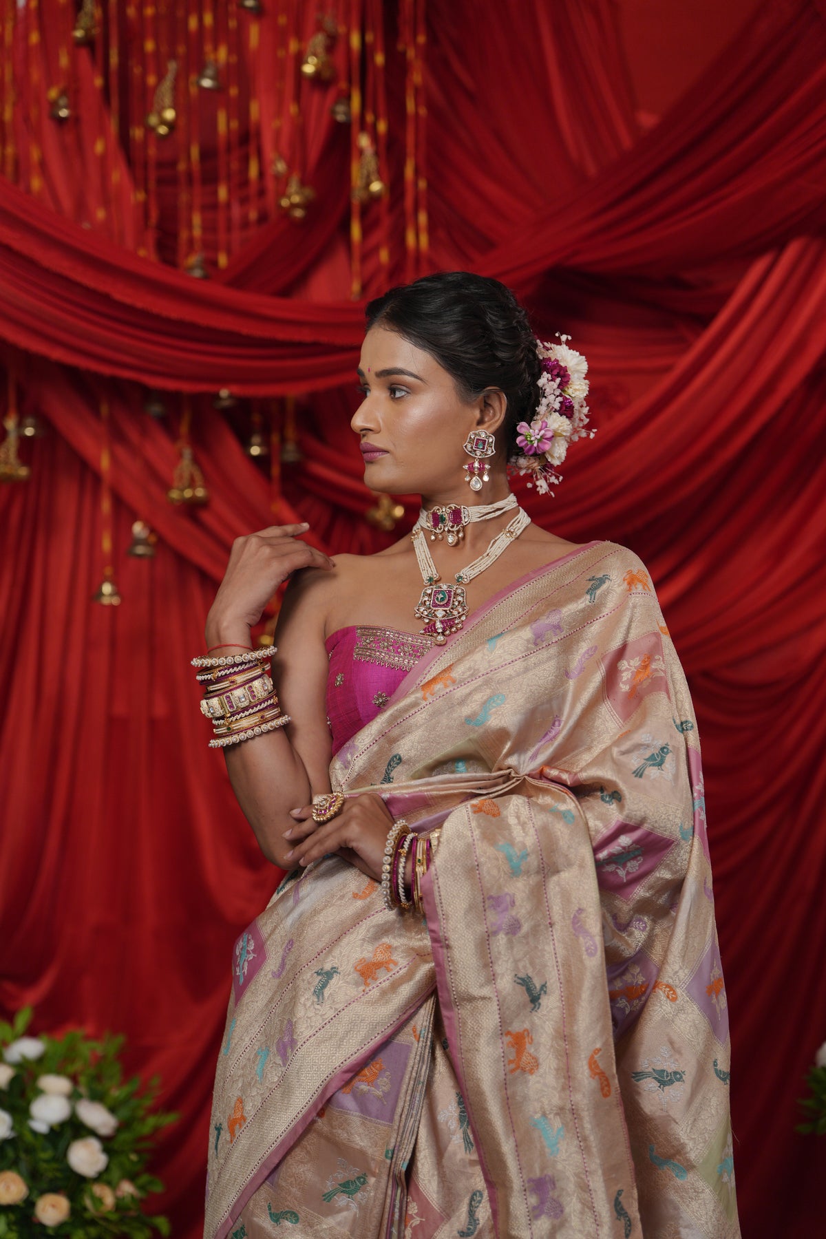 Champagne Gold Banarasi Silk Saree with Multicolour Woven Motifs