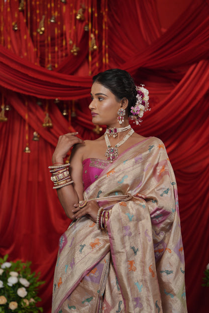 Champagne Gold Banarasi Silk Saree with Multicolour Woven Motifs