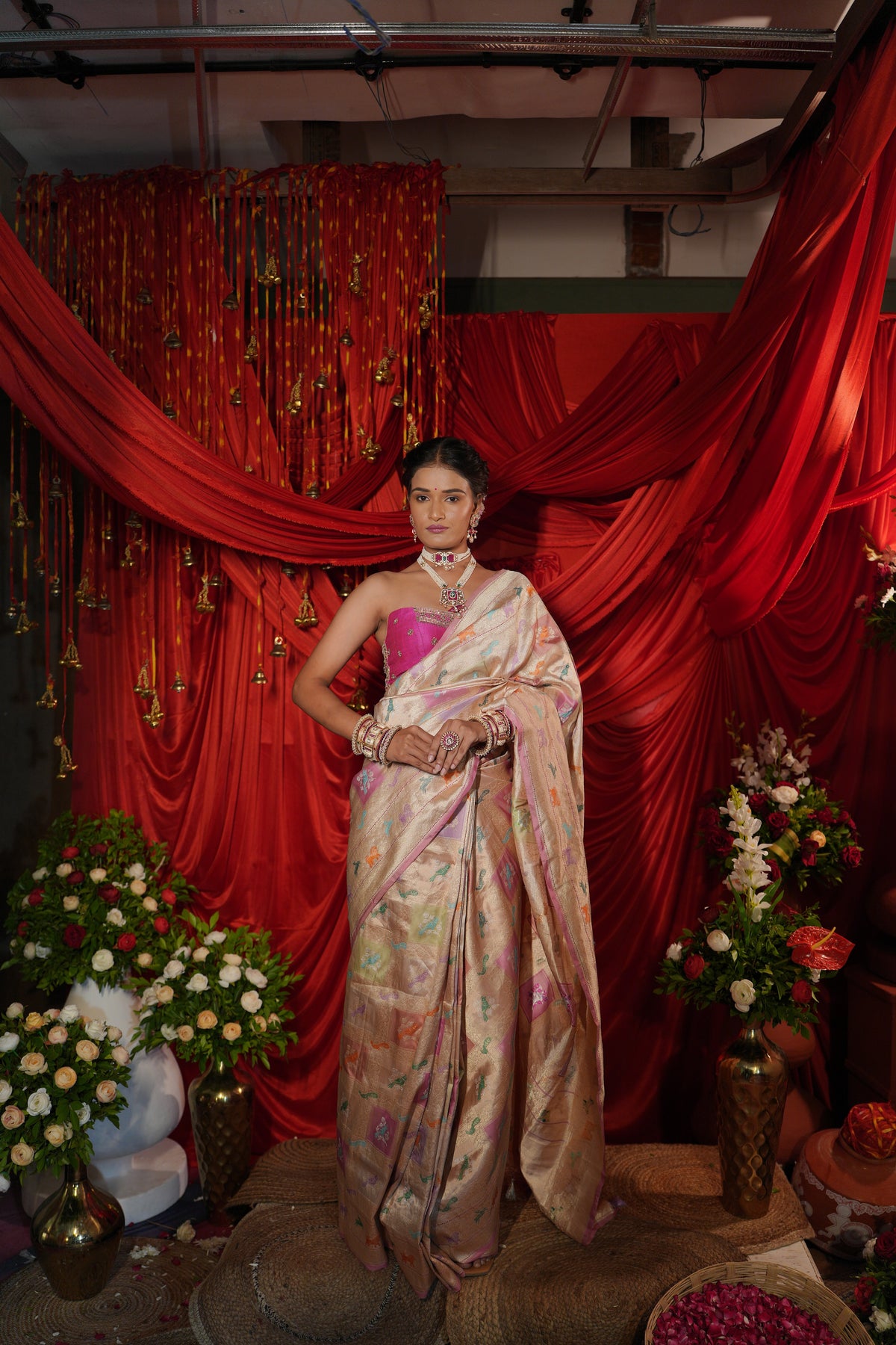 Champagne Gold Banarasi Silk Saree with Multicolour Woven Motifs